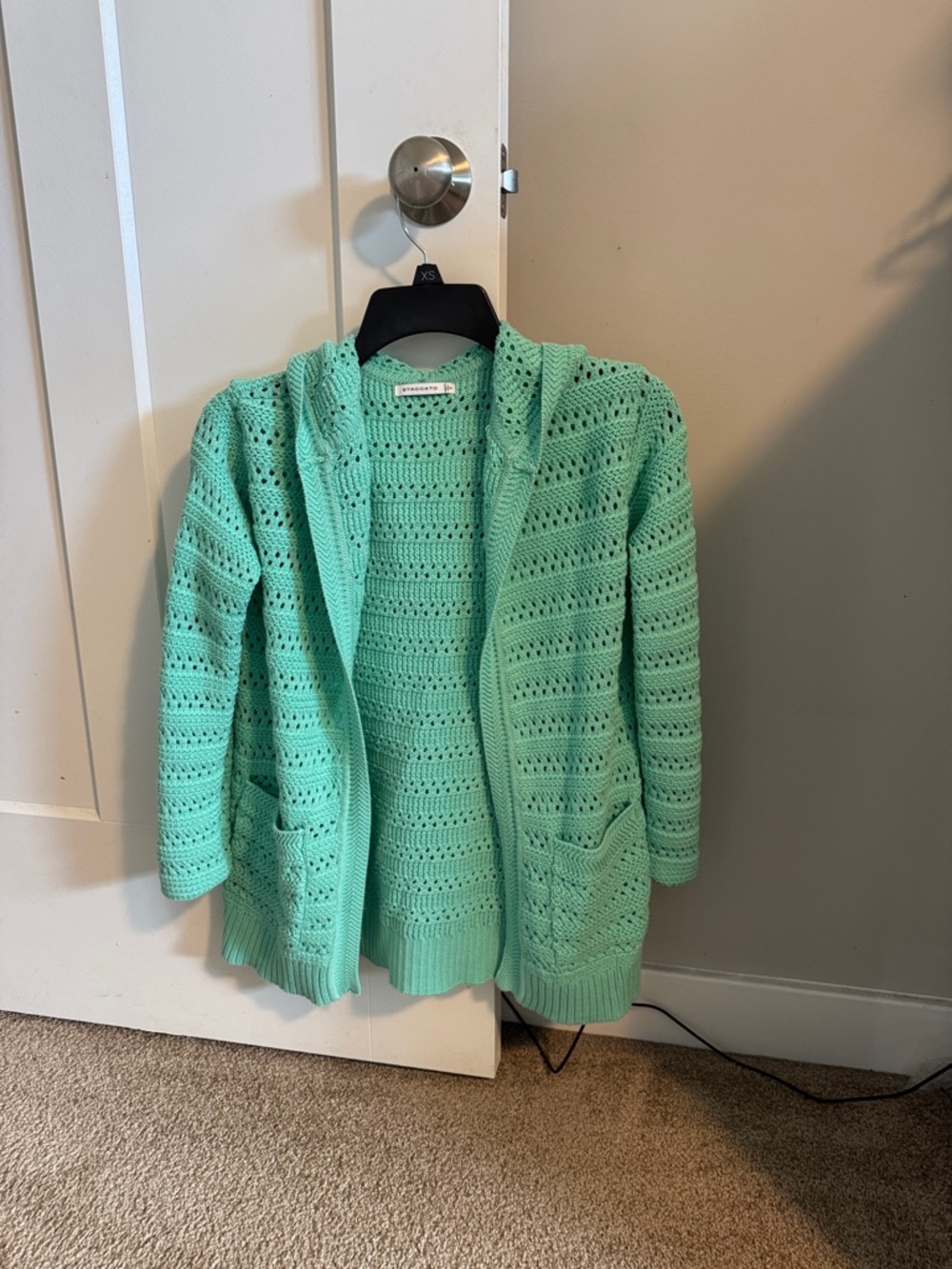 Staccato Mint Open-Knit Hooded Cardigan